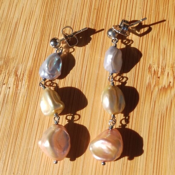 Honora Keshi freshwater Pearl earrings Pastel yellow rose colors 925 Sterling Si - Picture 1 of 7